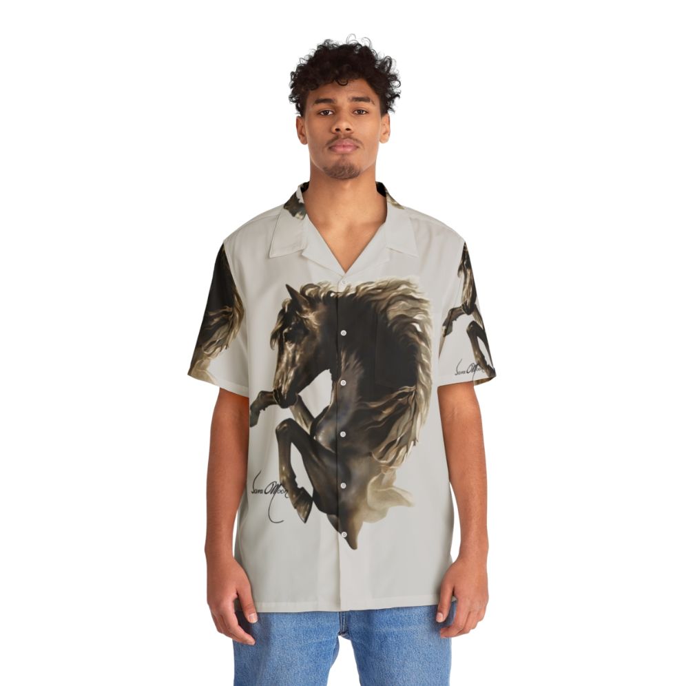 Black horse print Hawaiian shirt - People Front