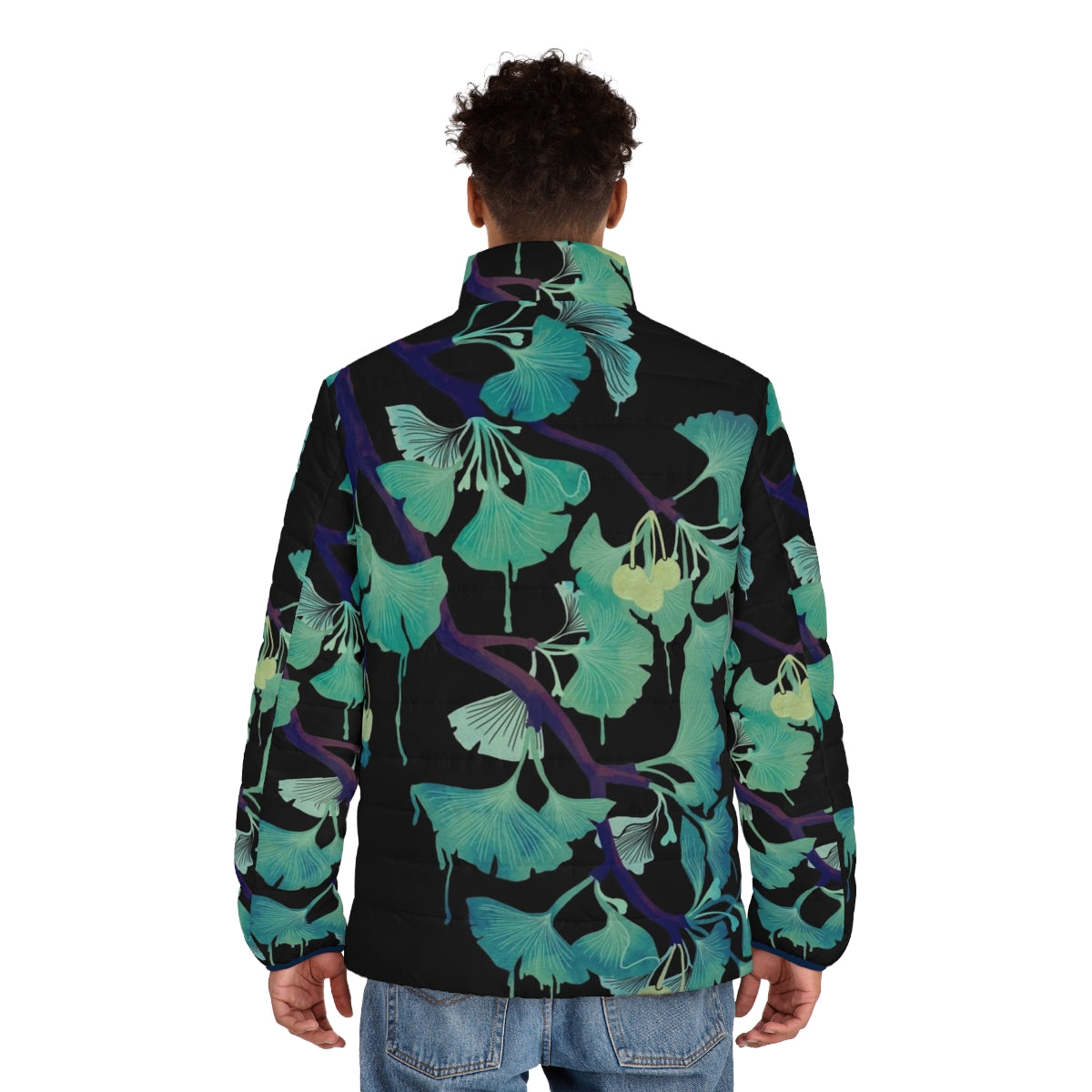 Ginkgo watercolor puffer jacket in black - men back