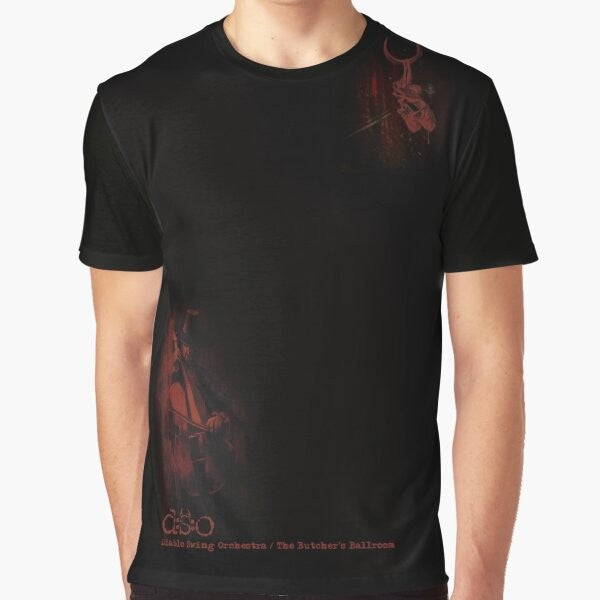 A graphic t-shirt featuring a bold design of a butcher's ballroom with violin, ballet, and orchestra elements.