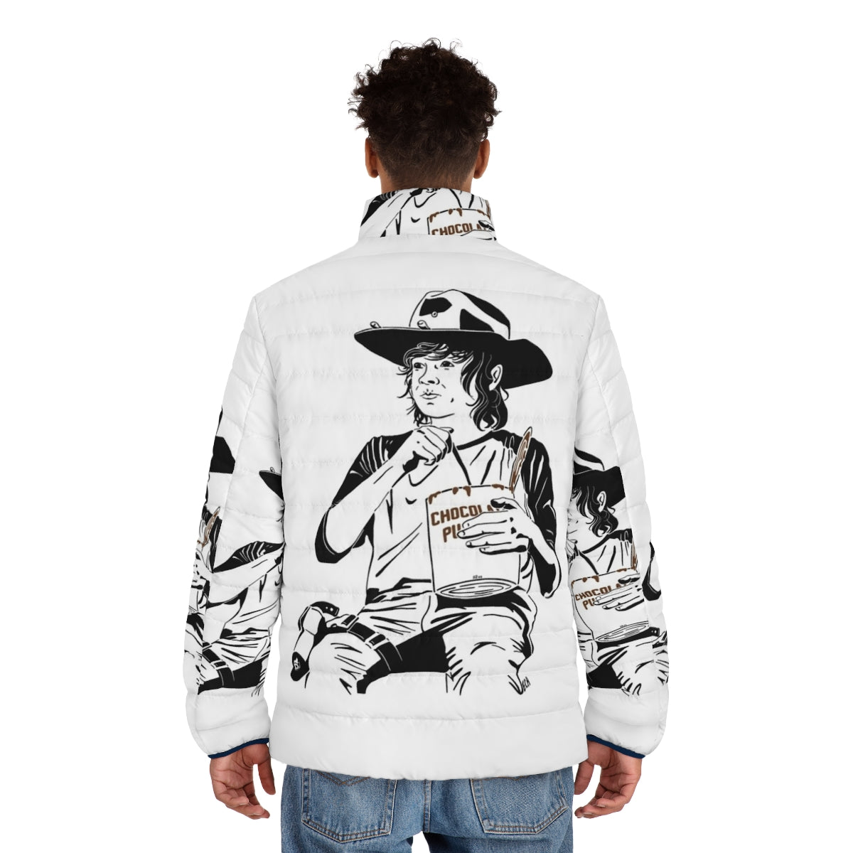 Pudding Carl Fanart Puffer Jacket, featuring a line art design of The Walking Dead character Carl Grimes - men back