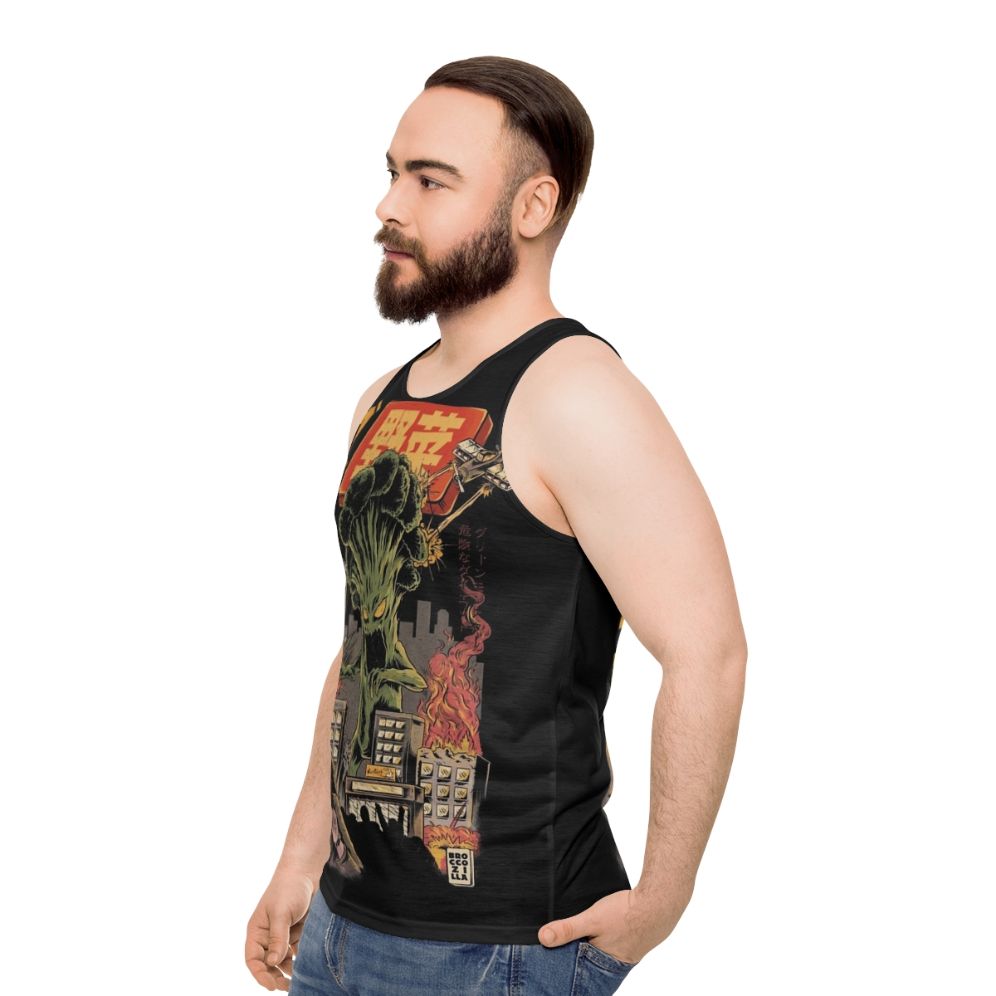 Unisex anime broccoli tank top with retro Broccozilla horror design - men side