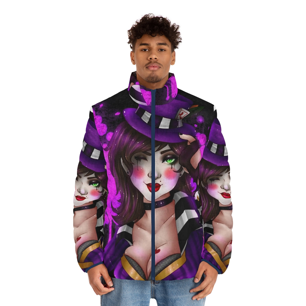 Miss Moxxi Borderlands inspired puffer jacket with black and purple color scheme - men front