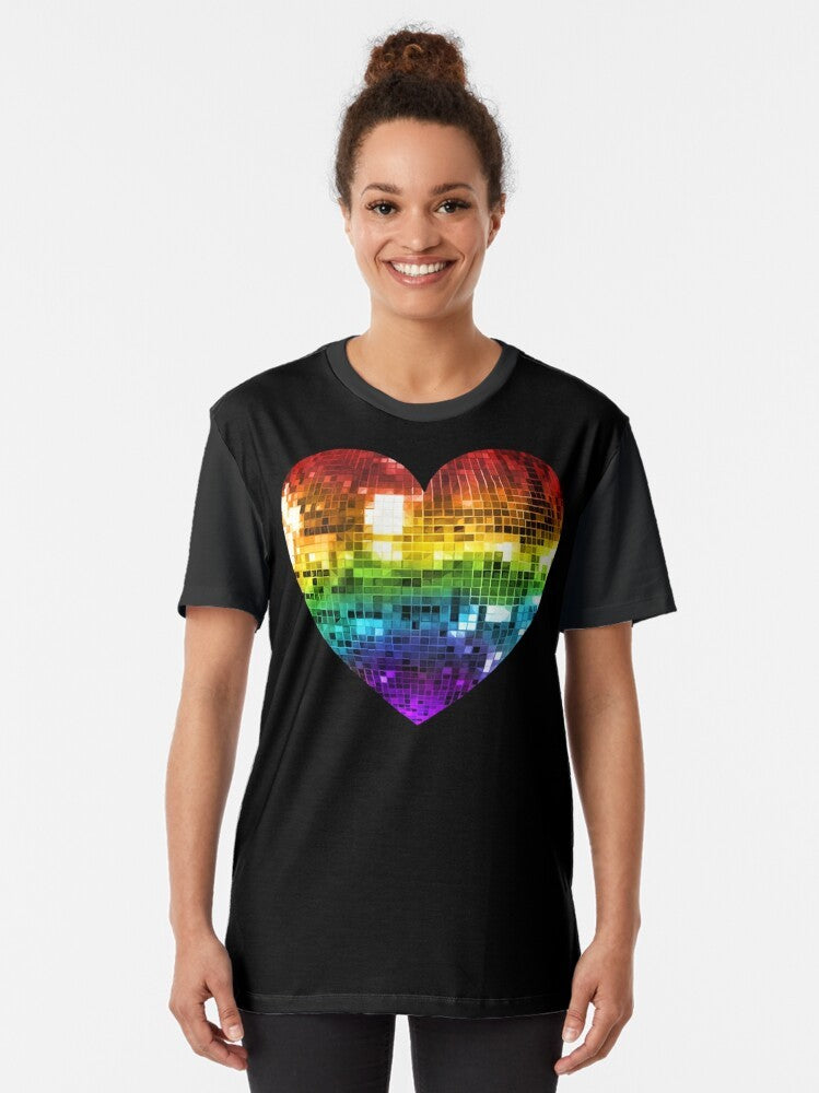 Colorful disco ball heart graphic on a t-shirt for rainbow disco pride - Women