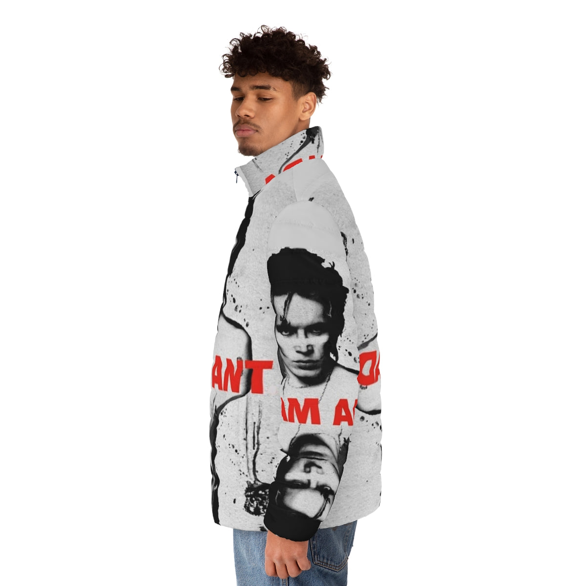 Adam Ant inspired puffer jacket with playing card design - men side left