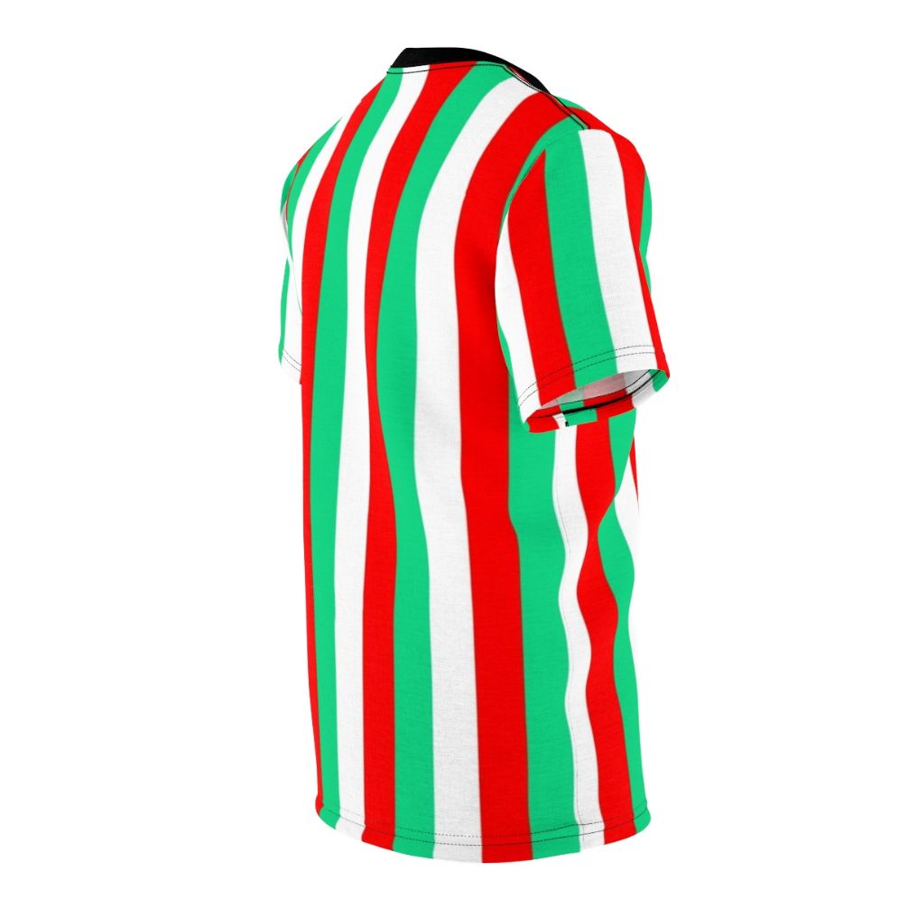 Vibrant red, green, and white striped t-shirt with a bold, graphic design - men right