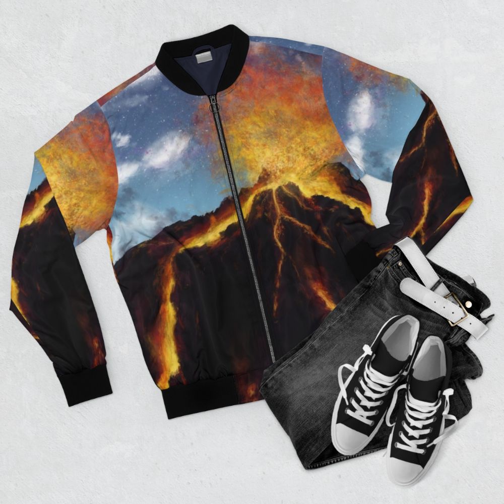 Lava-inspired bomber jacket with a fiery, volcanic design - Flat lay