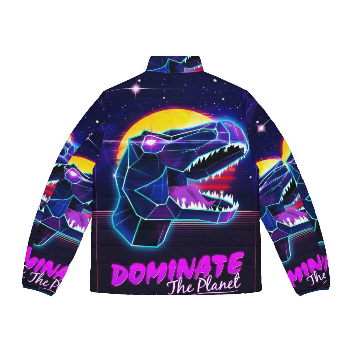 Electric Jurassic Rex Puffer Jacket with Retro Cyberpunk Aesthetic - Back