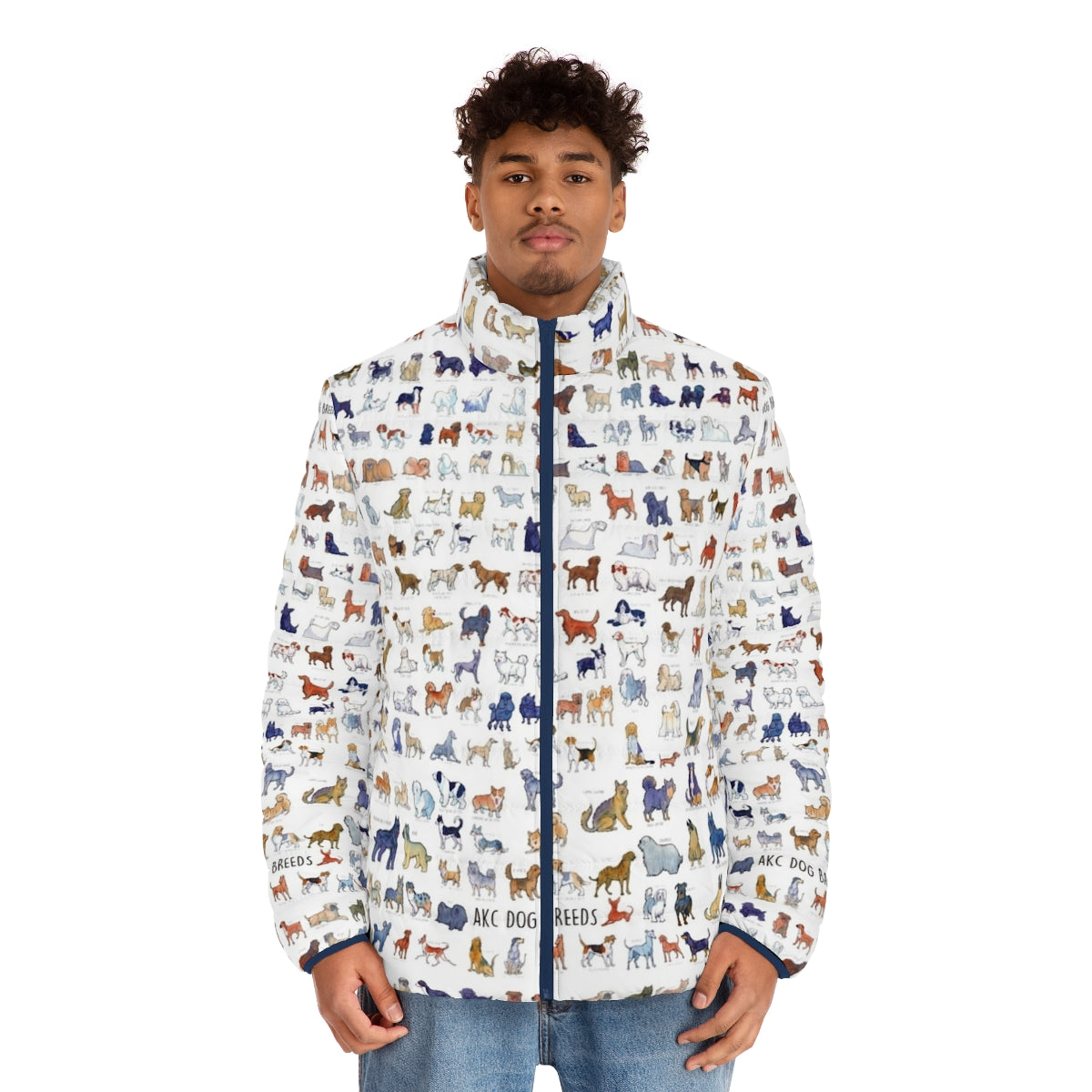 Puffer jacket featuring watercolor illustrations of all American Kennel Club dog breeds - men front