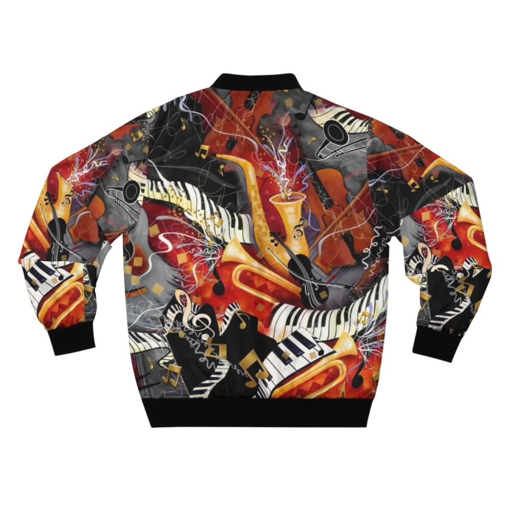 A vibrant bomber jacket featuring a collage of musical instruments like guitars, saxophones, trumpets, violins, and pianos. - Back