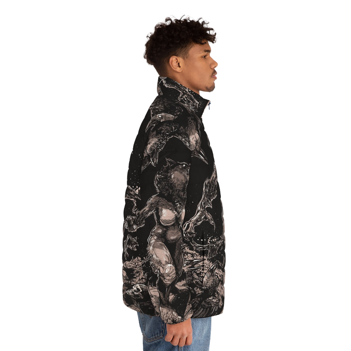 Puffer jacket with wolf and werewolf design for outdoor adventures - men side right