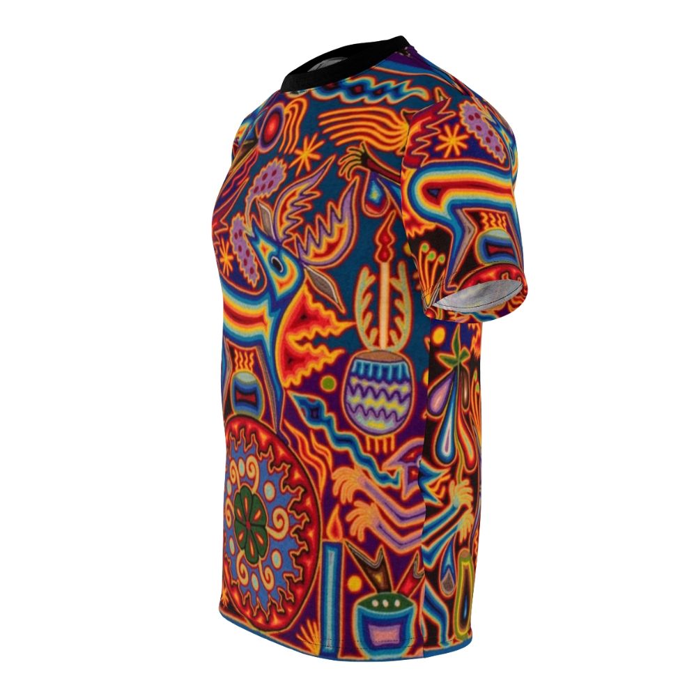 Vibrant Huichol-inspired t-shirt featuring abstract floral and skull designs - men left