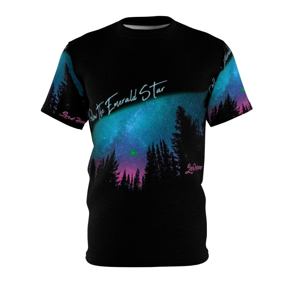 A stylish t-shirt featuring a cosmic galaxy silhouette design, inspired by the music of Lord Huron.