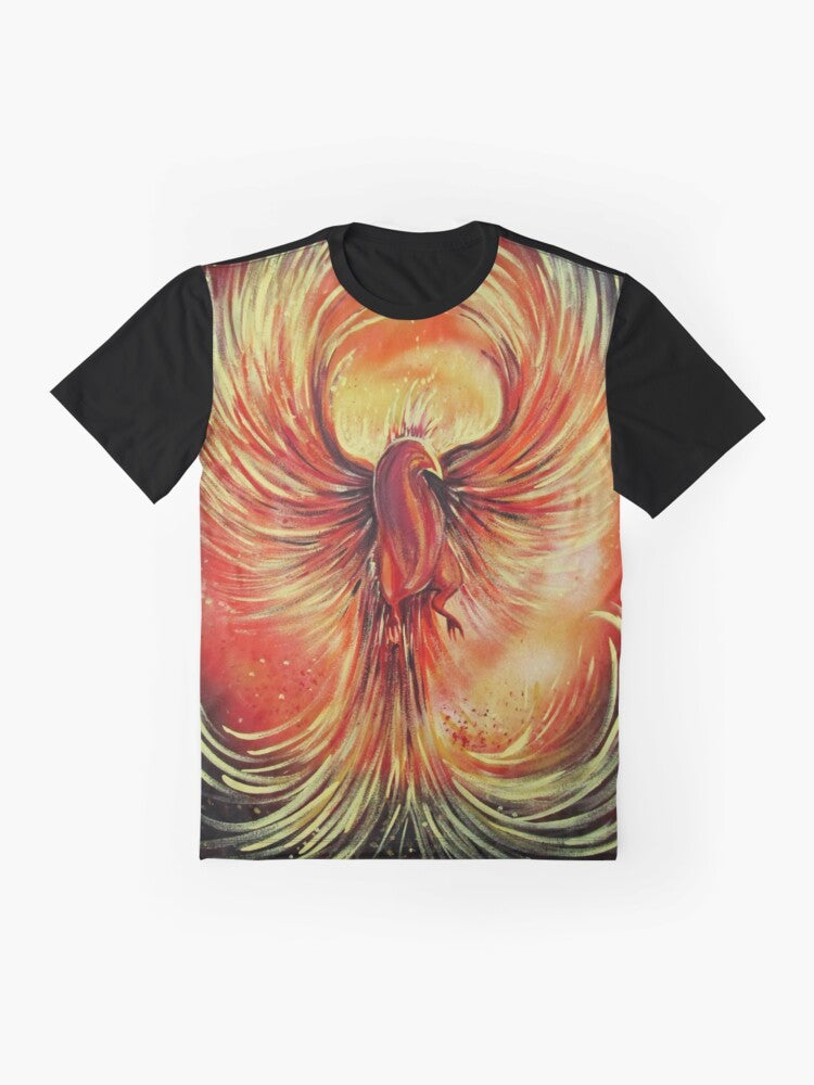 Vibrant graphic design of a mythical phoenix bird rising from the ashes - Flat lay