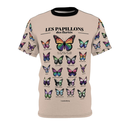 Butterfly-patterned LGBTQ+ pride t-shirt with a vintage French aesthetic