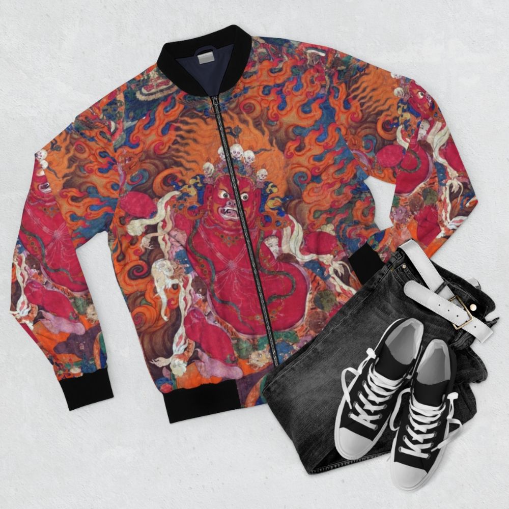 Tibetan Buddhism Guru Dragpo Bomber Jacket with Restored Artwork - Flat lay