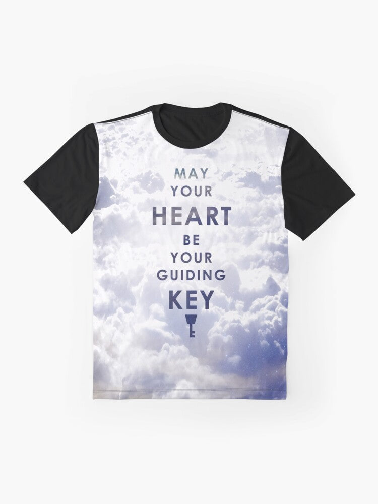 "Kingdom Hearts inspired t-shirt design featuring the quote "May your Heart be your guiding Key" on a background version" - Flat lay