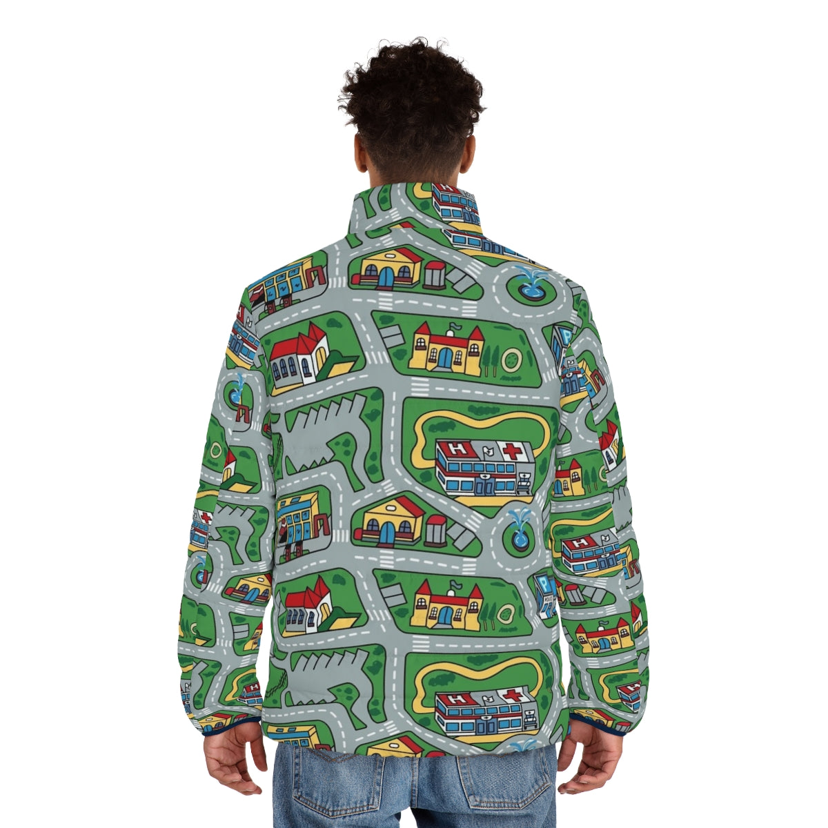 A 90s-inspired puffer jacket with a nostalgic toy car and city carpet road rug design - men back