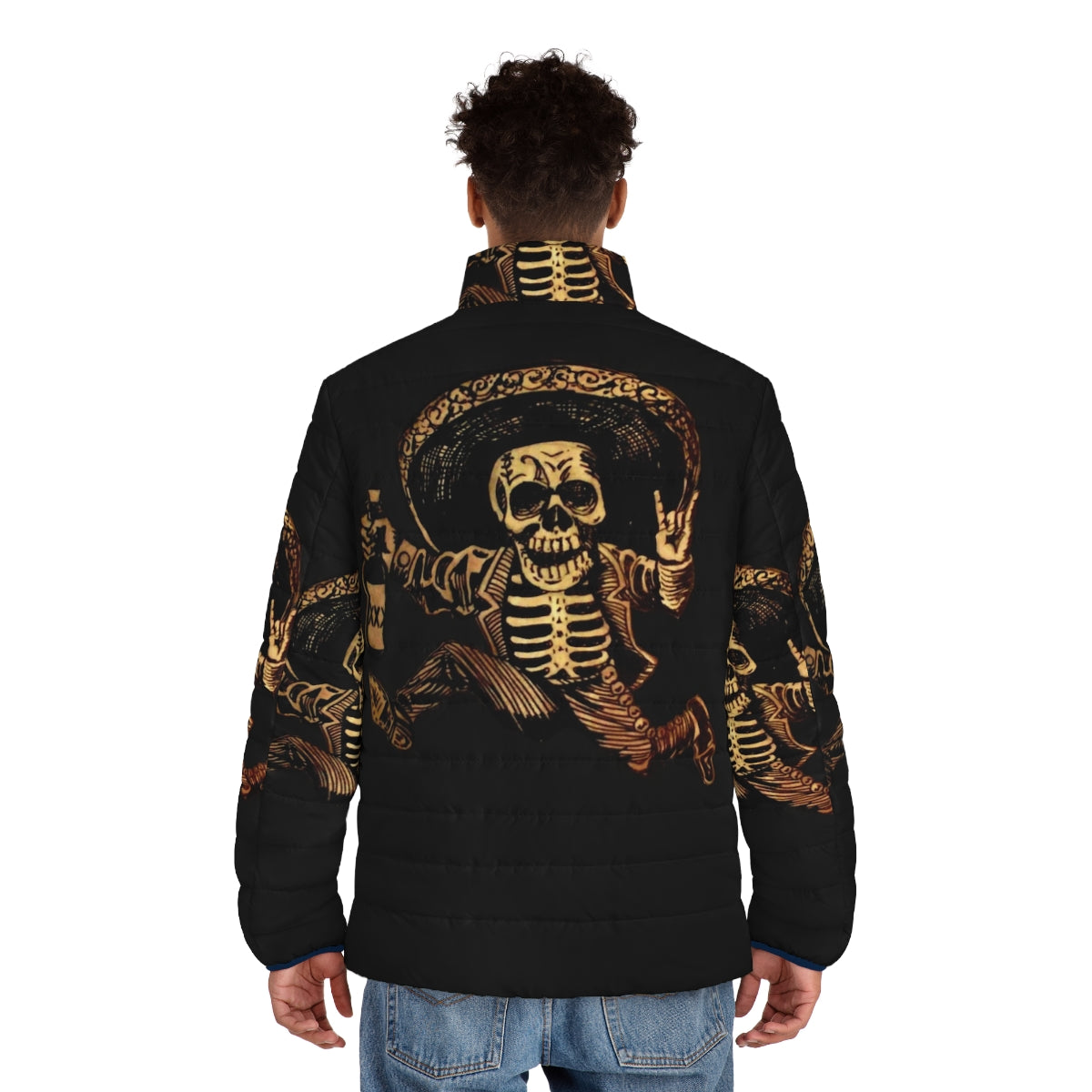 Dia de los Muertos inspired puffer jacket with sugar skull and outlaw design - men back