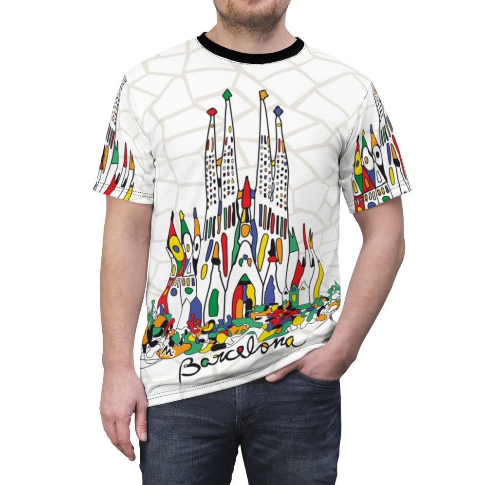 Barcelona Souvenir T-shirt Featuring Trencadis Mosaic Design Inspired by Gaudi's Sagrada Familia - men front