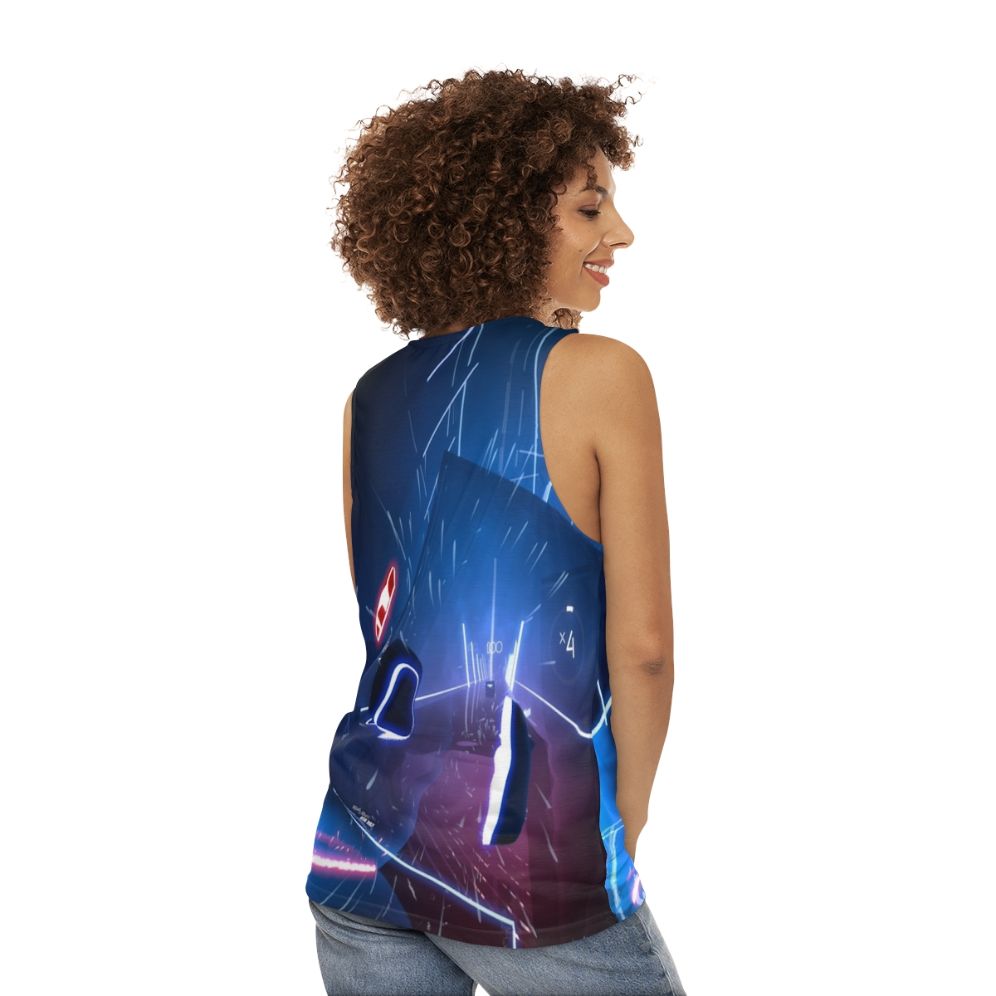 Unisex tank top featuring virtual reality, gaming, and futuristic space-themed design - women back