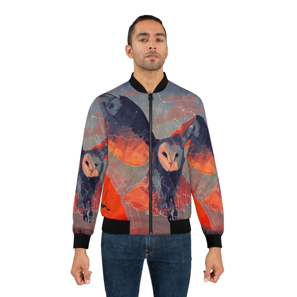 Owl Hunter Bomber Jacket featuring a sunset wildlife art design with a barn owl, talons, and mountains - Lifestyle