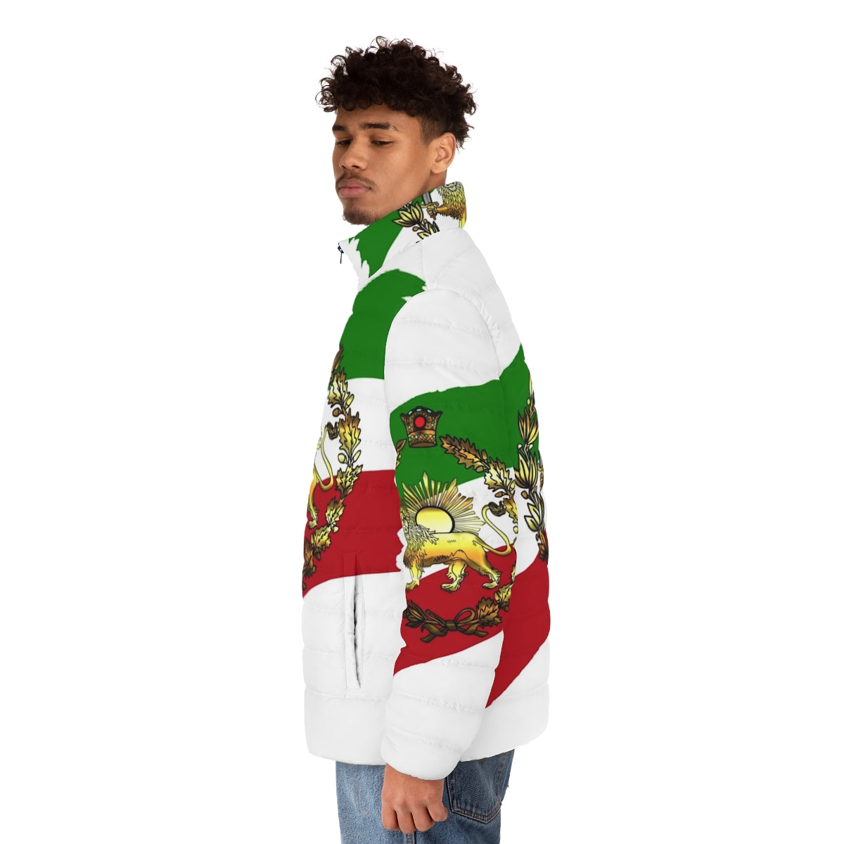 Puffer jacket with the Iran Pahlavi flag design featuring a lion and crown - men side left