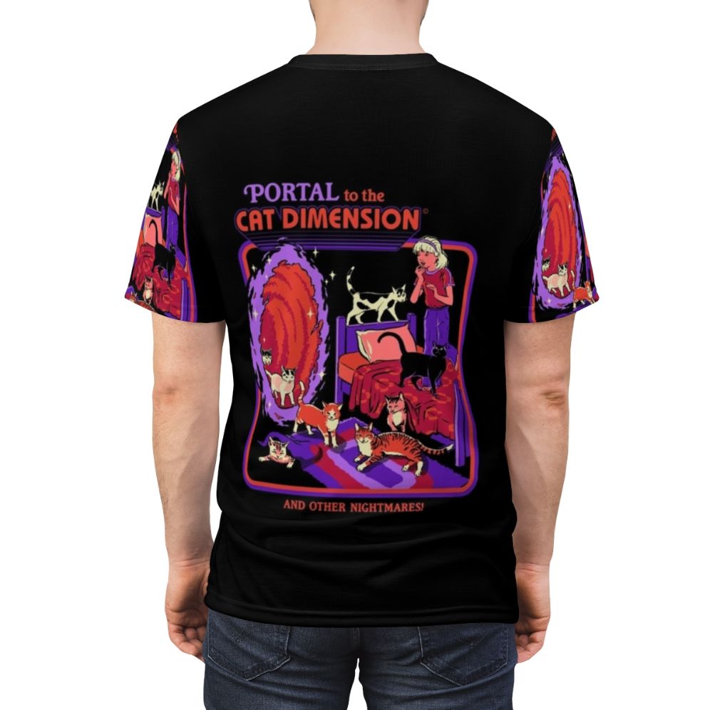 Dimensional Cat Sci-Fi Vintage T-Shirt featuring a portal to another dimension and a cat - men back