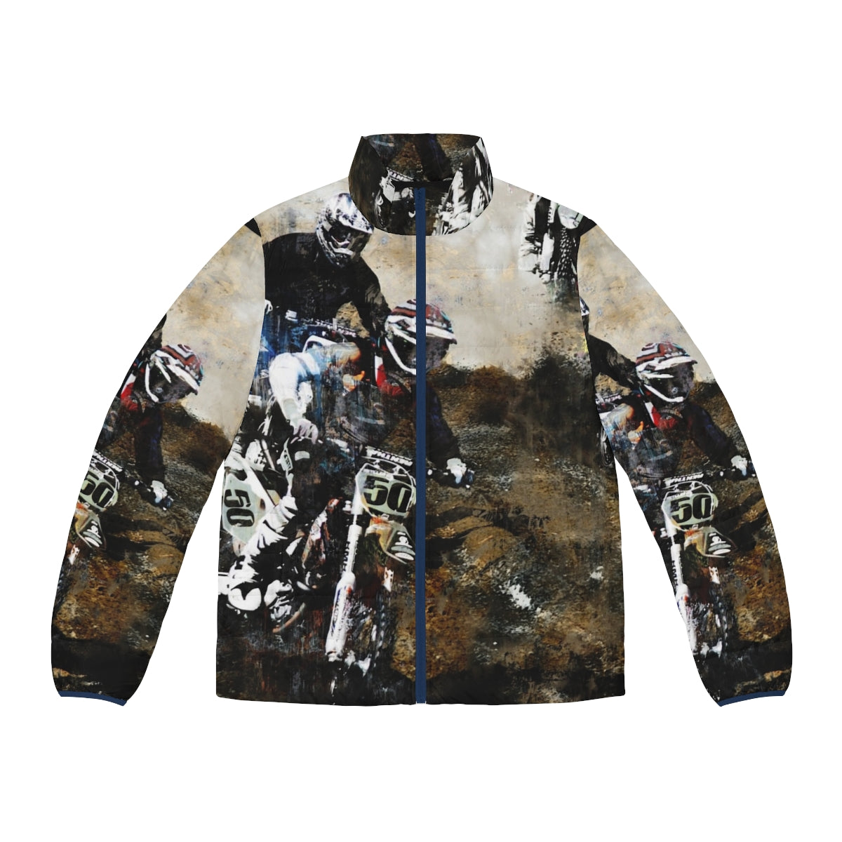 Motocross puffer jacket with dirt bike racer graphic