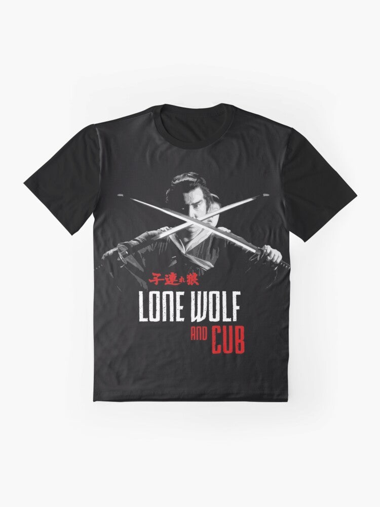 Lone Wolf and Cub Samurai Graphic T-Shirt, featuring iconic Japanese anime and cult film imagery - Flat lay