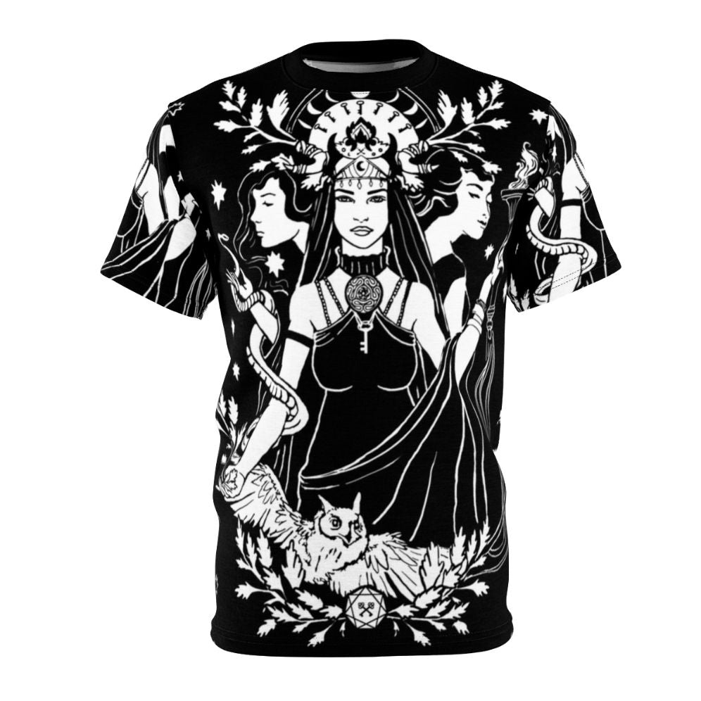 Hekate triple goddess AOP t-shirt featuring a mystical design