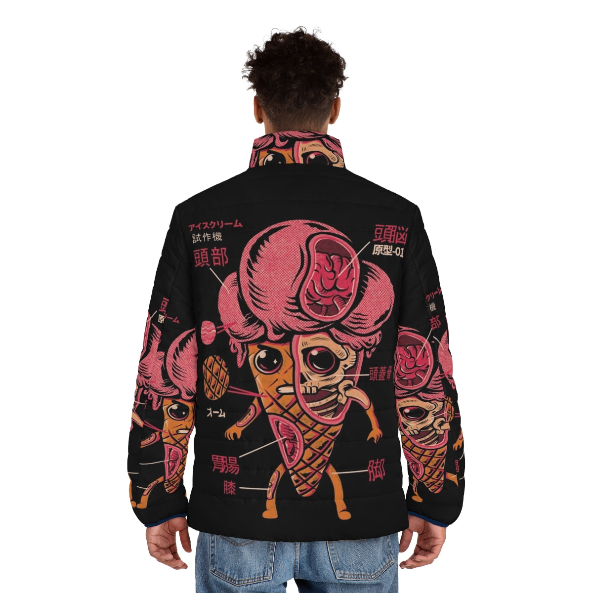 Colorful ice cream kaiju puffer jacket with a vintage and whimsical design - men back