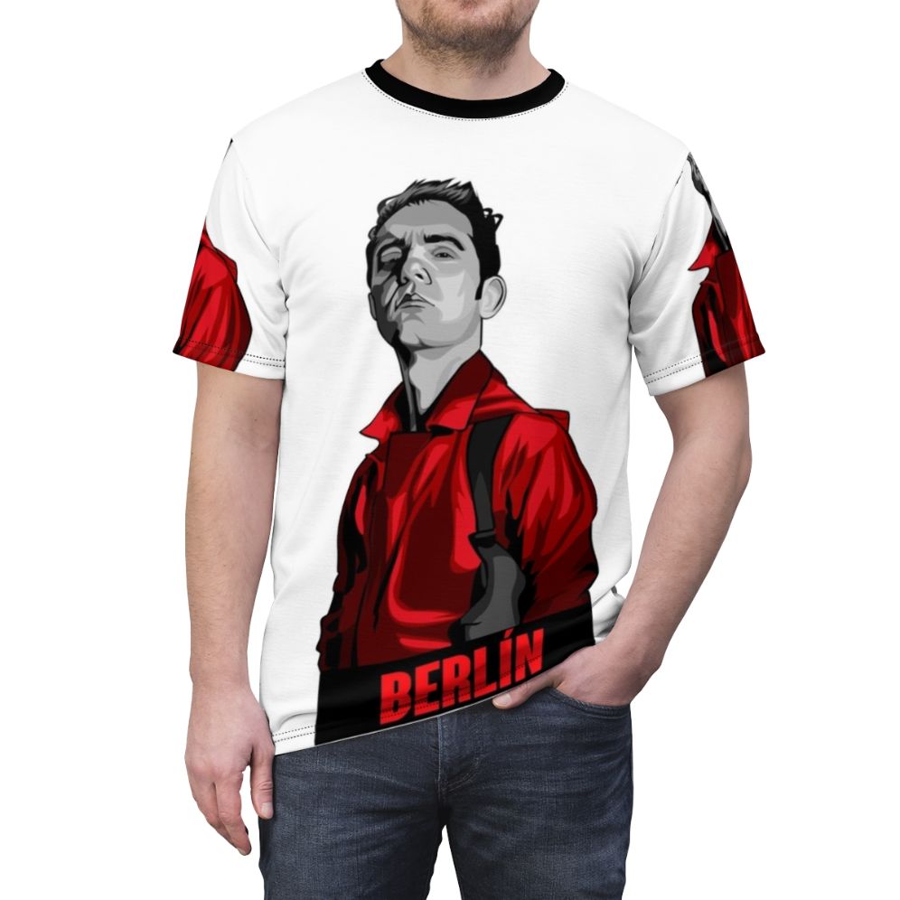 Money Heist inspired Berlin t-shirt with red and black design - men front