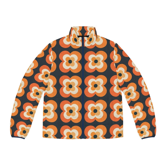 Retro floral puffer jacket in orange and charcoal colors