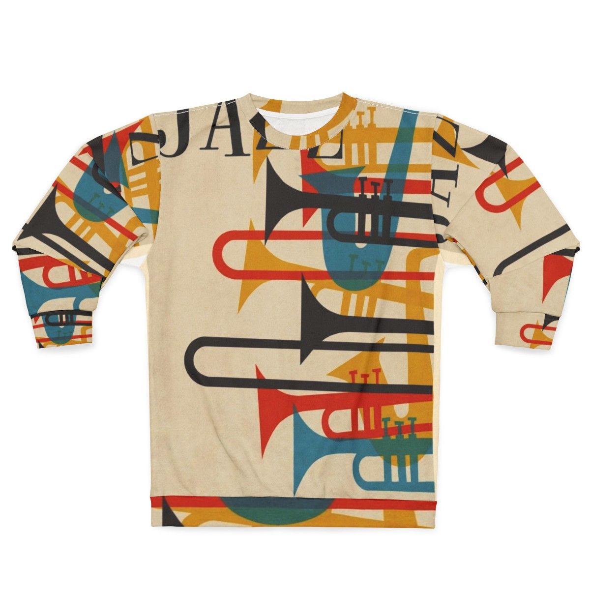 Vintage jazz sweatshirt with saxophone and trumpet design