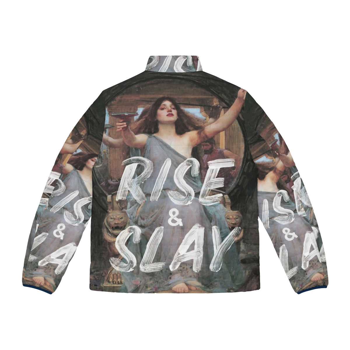 Woman wearing a puffer jacket with the "Rise and Slay" motivational quote - Back