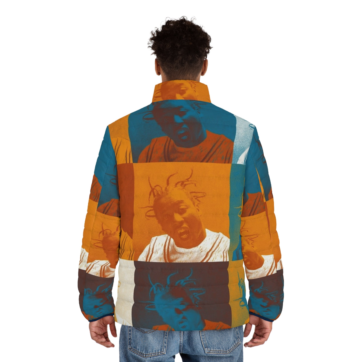 Ol Dirty Bastard Warhol Repeat Puffer Jacket featuring a halftone graphic design in orange and teal colors - men back