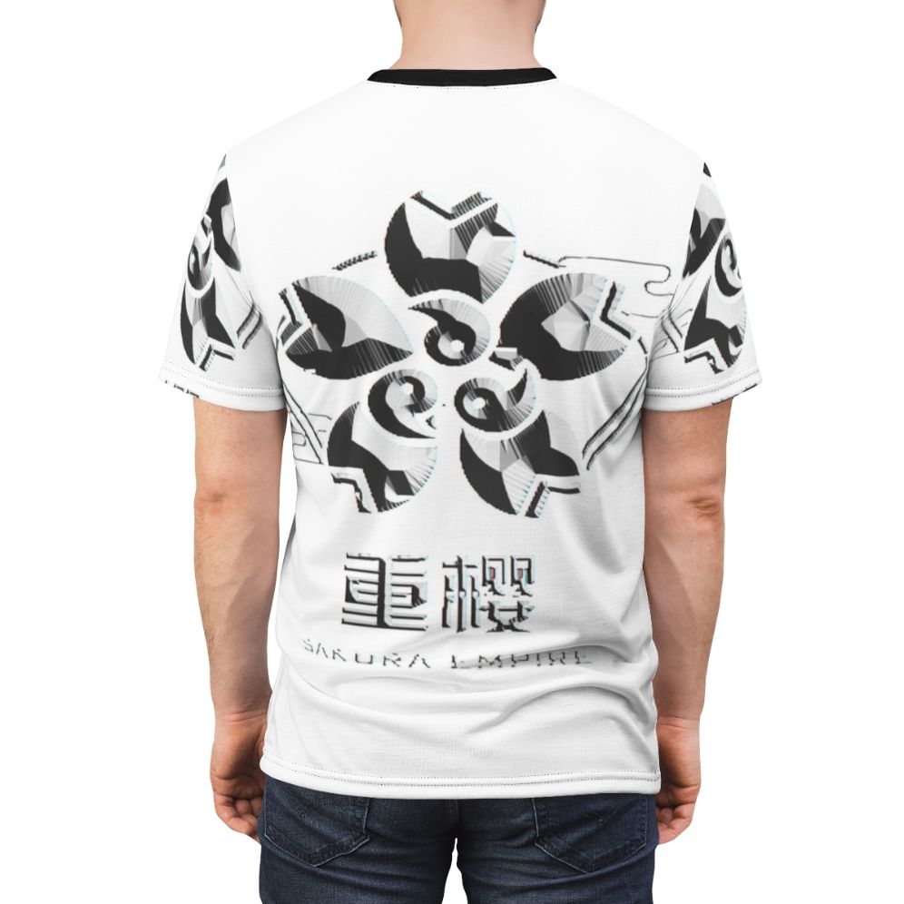 Sakura Empire inspired Azur Lane fan art design printed on a high-quality t-shirt. - men back