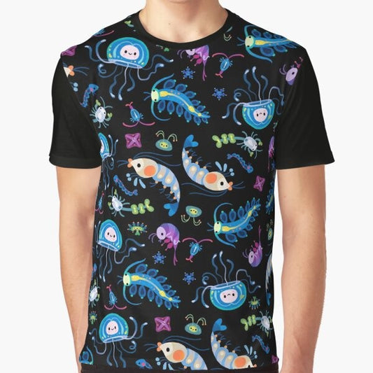 Graphic t-shirt featuring colorful illustrations of various zooplankton species, including krill, copepods, jellyfish, and more.