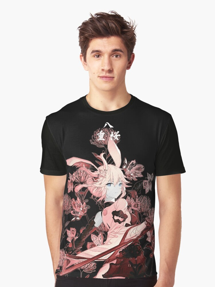 Graphic t-shirt featuring Yae, a samurai character, and the vibrant red higanbana flowers from the Honkai Impact and Genshin Impact games. - Men