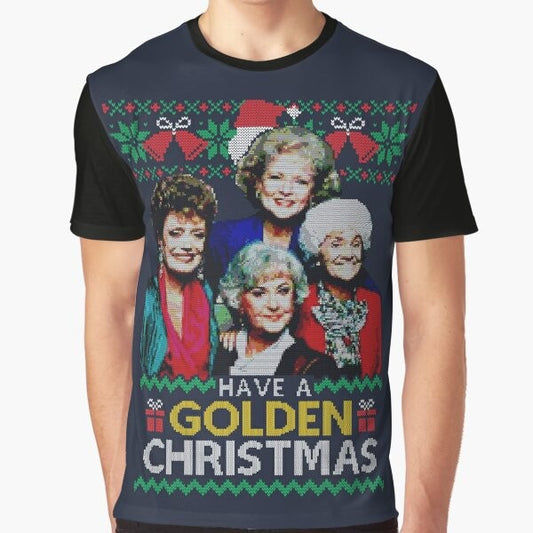 Golden Christmas graphic t-shirt with a retro, 80s-inspired design