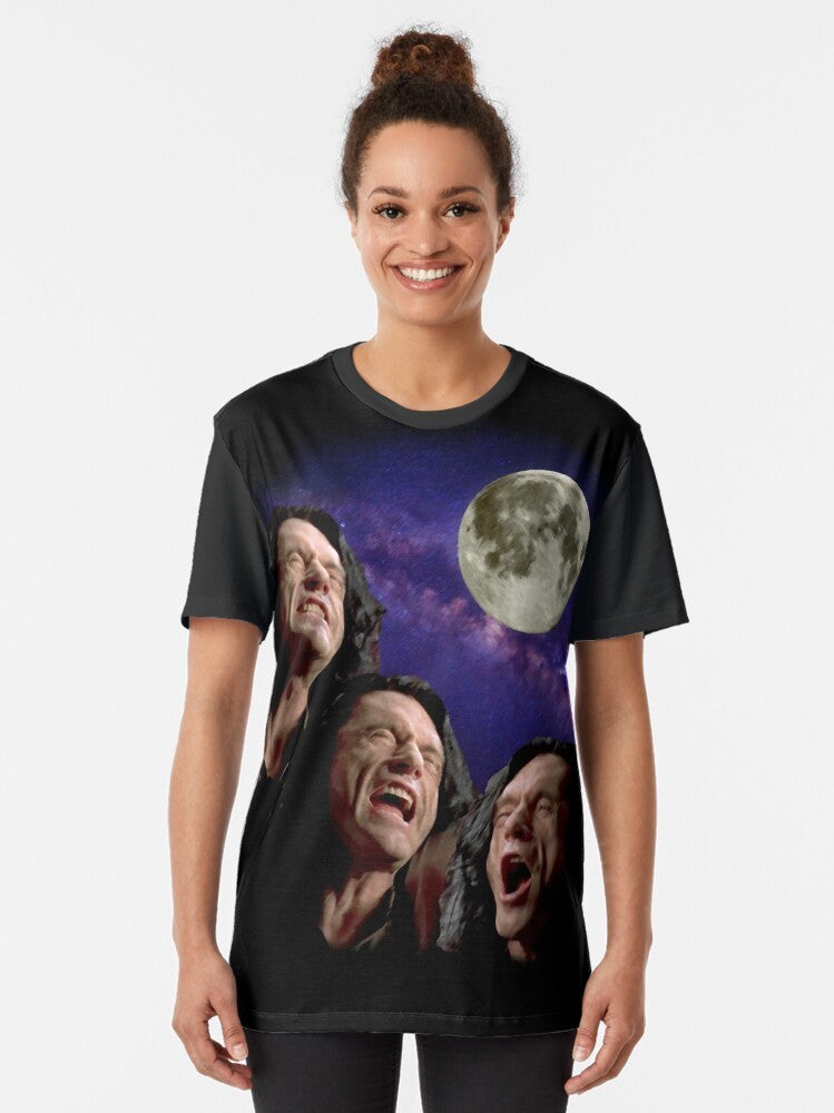 Tommy Wiseau's Three Wiseau Moon Graphic T-Shirt, featuring a parody of the classic "Three Wolf Moon" meme - Women