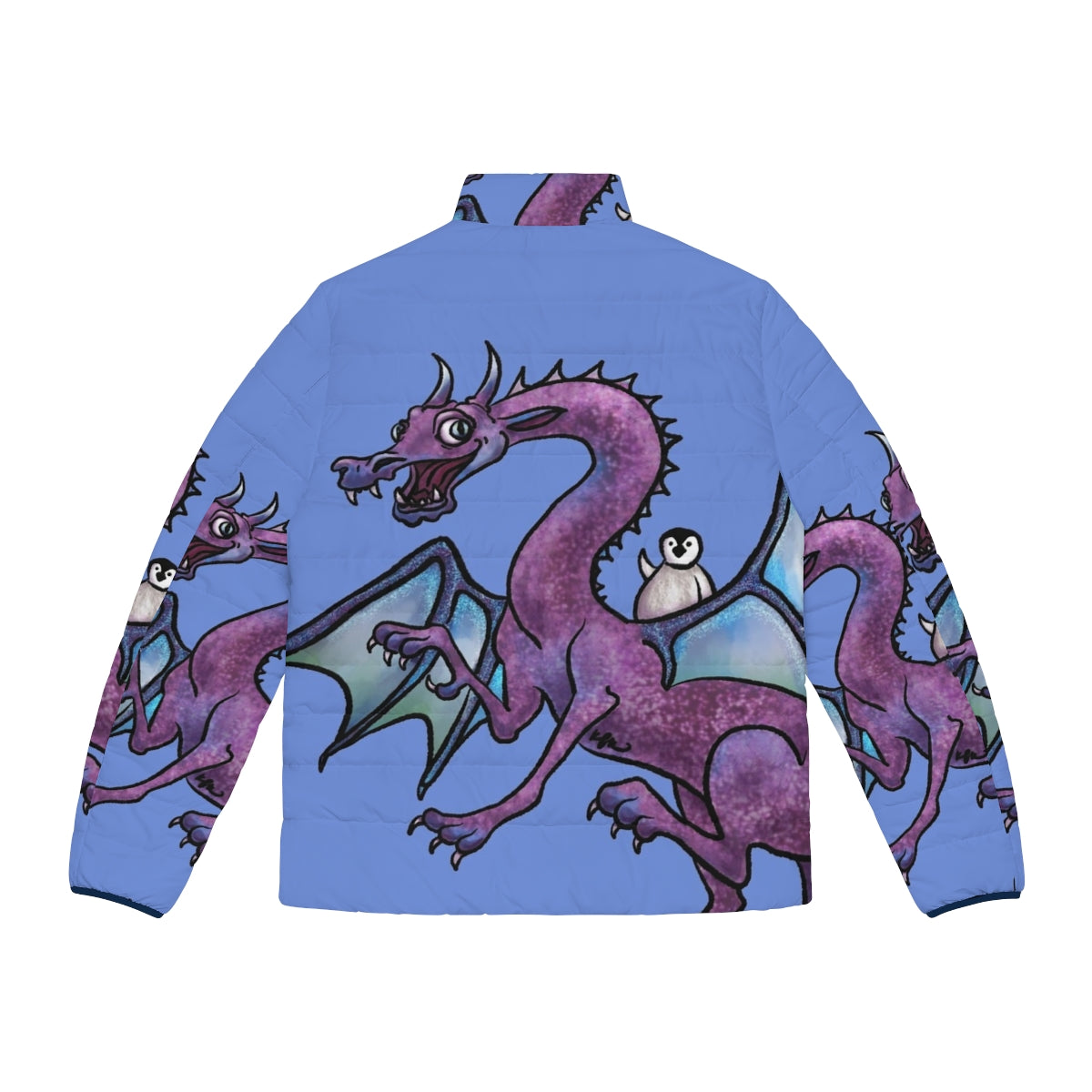 Whimsical puffer jacket featuring a penguin and dragon in a fantasy adventure - Back