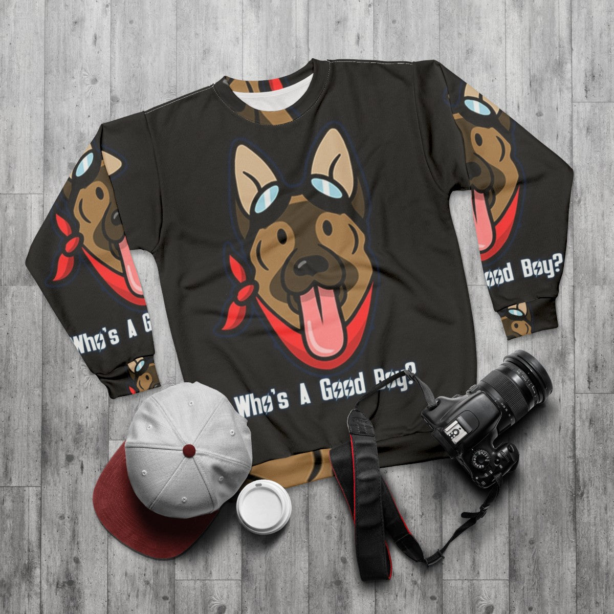 "Dogmeat from Fallout video game featured on a cozy sweatshirt" - flat lay