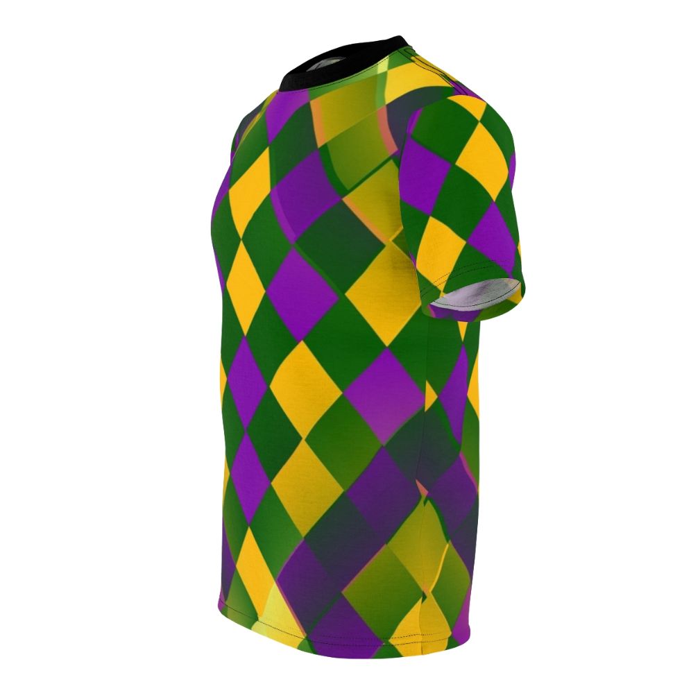 Harlequin-patterned Mardi Gras graphic t-shirt with diamonds, fleur-de-lis, and carnival colors - men left