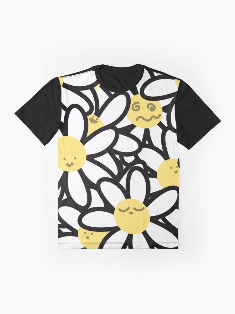 Dizzy Daisies Graphic T-Shirt with Cartoon Flower Face Design - Flat lay