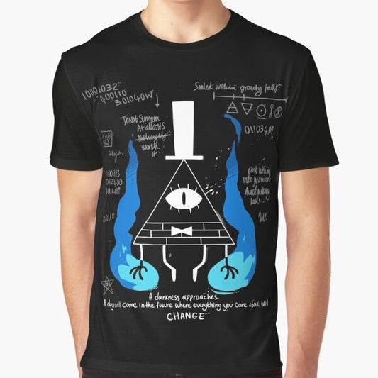 Gravity Falls "A Darkness Approaches" graphic t-shirt with Bill Cipher design