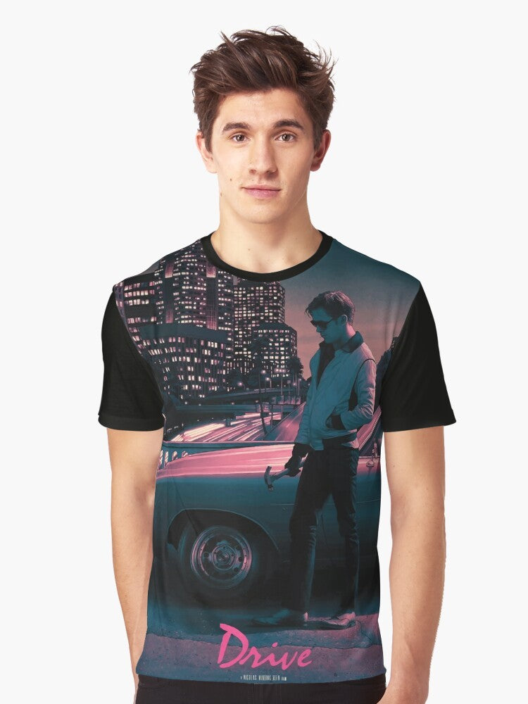 Drive movie poster graphic t-shirt featuring Ryan Gosling, Carey Mulligan, and elements from the film by Nicholas Winding Refn - Men