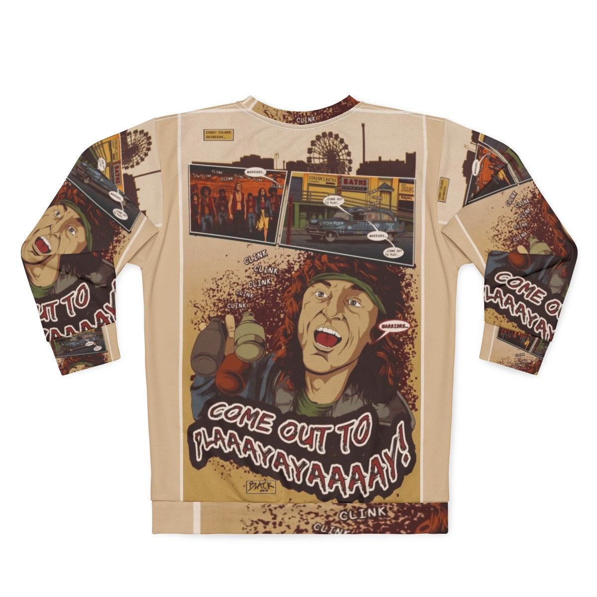 "The Warriors 'Come Out to Play' Retro Sweatshirt featuring movie quotes and comic-style art" - Back