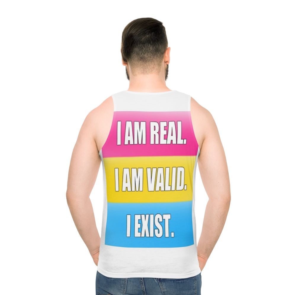 Pansexual pride unisex tank top with the text "I Am Real, I Am Valid, I Exist" - men back