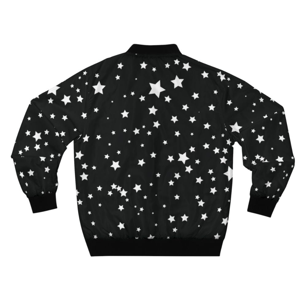 A black and white bomber jacket with a scattered star cluster design, creating a cosmic and spacious aesthetic. - Back